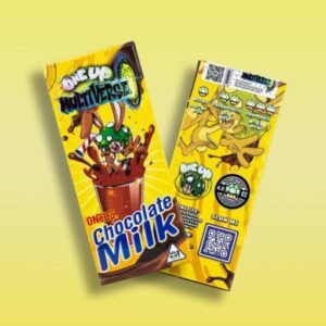 One Up Multiverse Chocolate Milk Bar packaging featuring a rich chocolate design and images of creamy milk, showcasing a delicious treat for chocolate lovers.